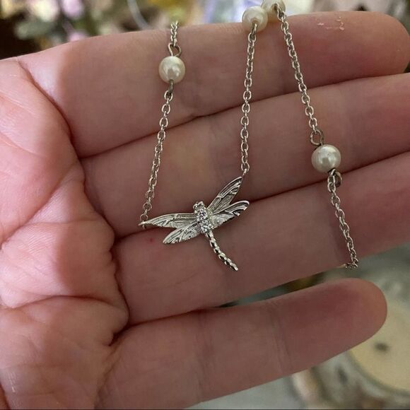 Sterling Silver Dragonfly CZ Pearl Necklace - Picture 3 of 3